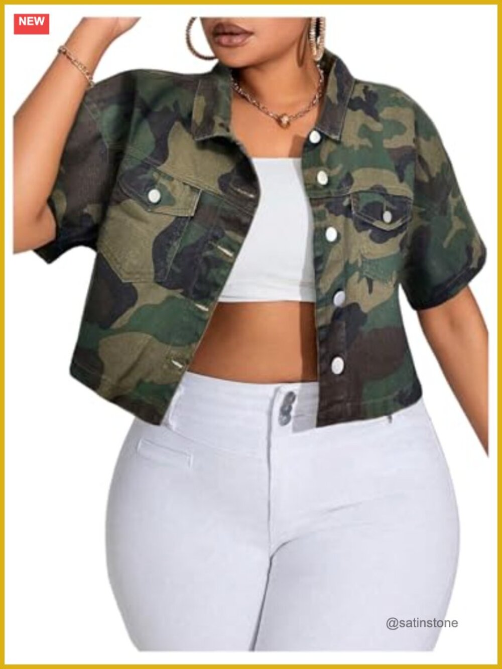 Plus Size Camo Print Denim Jacket Button Down Short Sleeve Jean Coat